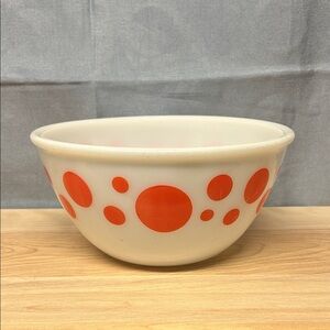 Vintage Hazel Atlas Orange Polka Dots Milk Glass 8” x 4” Mixing Bowl
